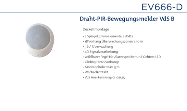 Daitem EV666-D Rilevatore di movimento PIR a filo VdS B Montaggio a soffitto