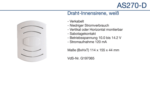 Daitem AS270-D indendørs sirene hvid kablet VdS nr. G197065