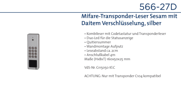 Daitem 566-27D Czytnik transponderów Mifare Sesam, srebrny Z szyfrowaniem Daitem
